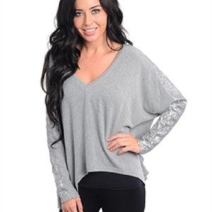 Gray Sidetail Top with Long Sequined Sleeves